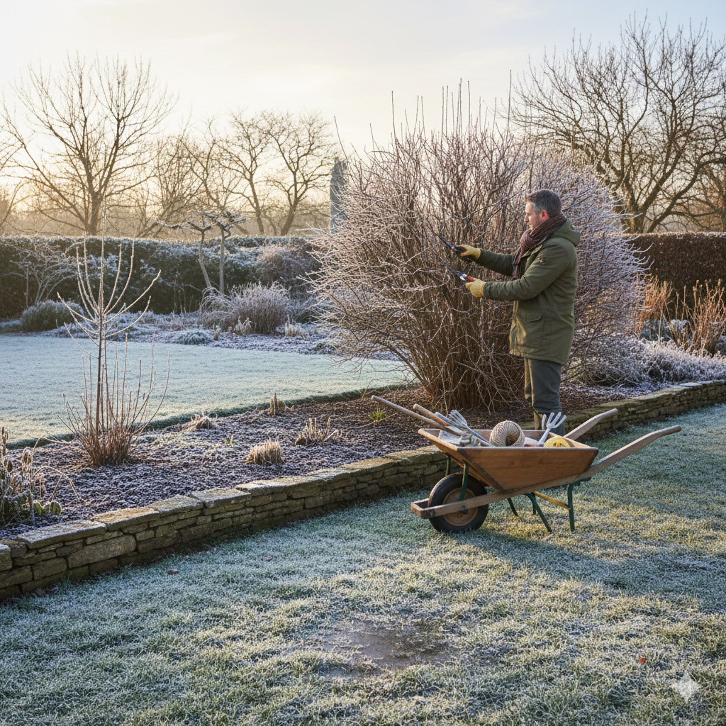 Gardener pruning shrubs in a frosty winter garden with bare trees and tidy borders.