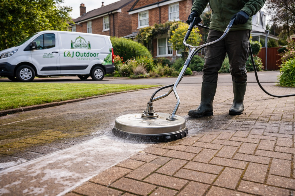 Pressure washing a block paved driveway in Ongar with L&J Outdoor Services van displaying green logo in the background