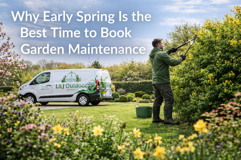 Professional gardener carrying out early spring garden maintenance with L&J Outdoor Services van in the background