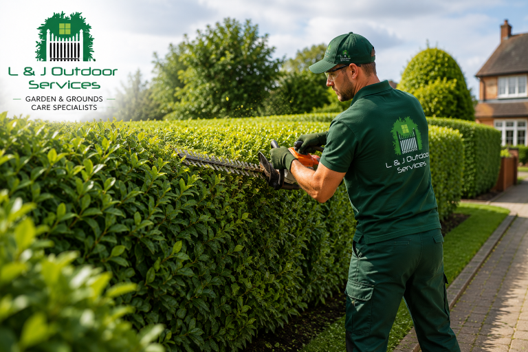 Professional gardener trimming a hedge with powered hedge cutter in a residential garden, wearing L&J Outdoor Services branded uniform beside neatly maintained greenery.