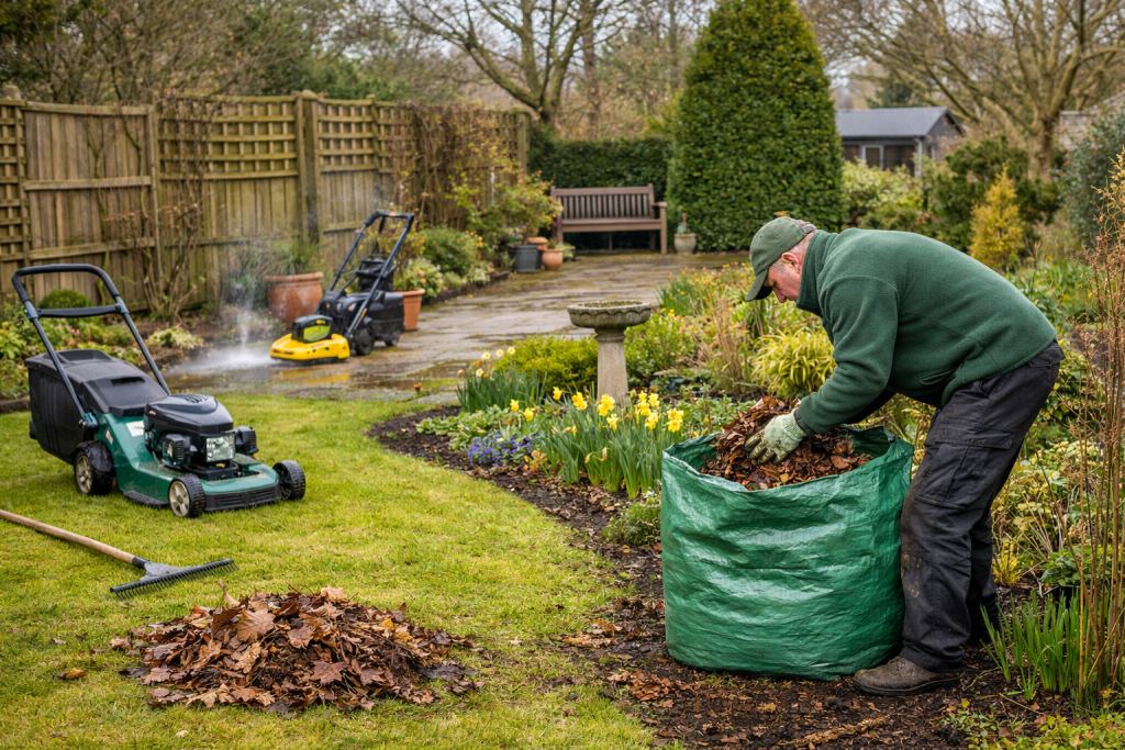 Early spring garden tidy up being carried out in a residential Essex garden
