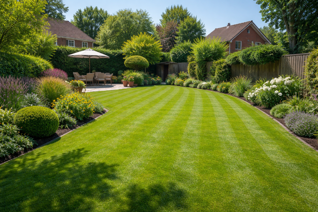 Well-maintained striped lawn in a Chelmsford garden with neatly trimmed borders and landscaped planting beds