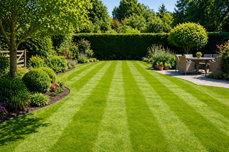 Well-maintained striped lawn in a landscaped Ongar garden with neatly trimmed borders, patio seating area and surrounding greenery