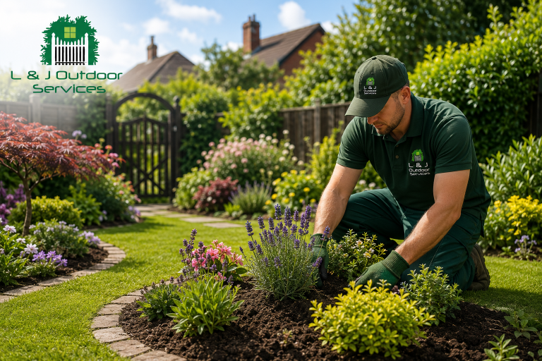 Professional gardener planting and maintaining flower beds in a landscaped Ongar garden with healthy lawn, colourful planting, and well-kept borders.