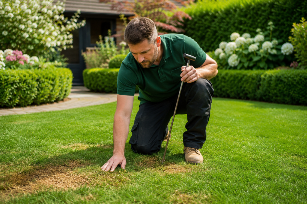 Professional inspecting brown patches caused by lawn disease in a UK garden