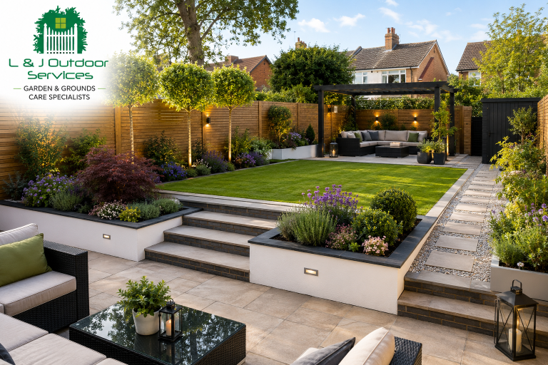 Landscaped garden makeover in Brentwood with a new lawn, paved patio, raised flower beds, pathway and covered seating area.