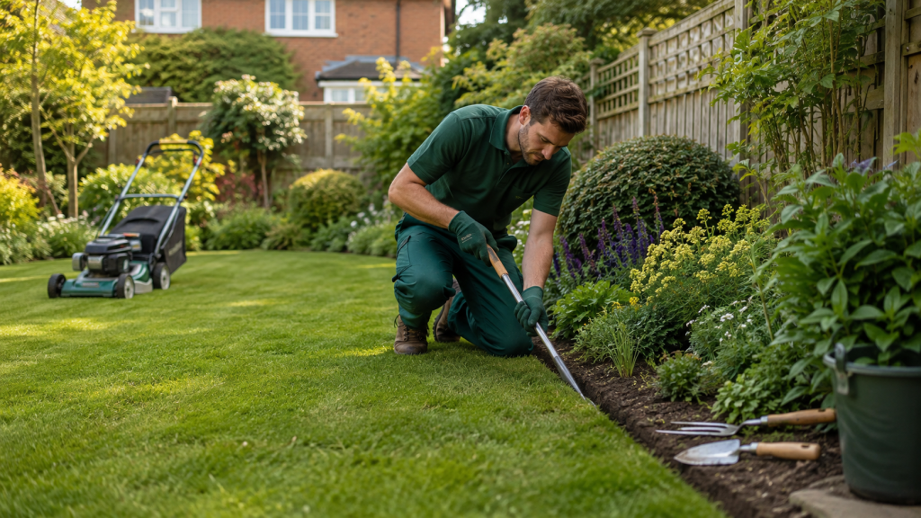 Professional gardener maintaining the lawn and flower borders in an Essex garden.