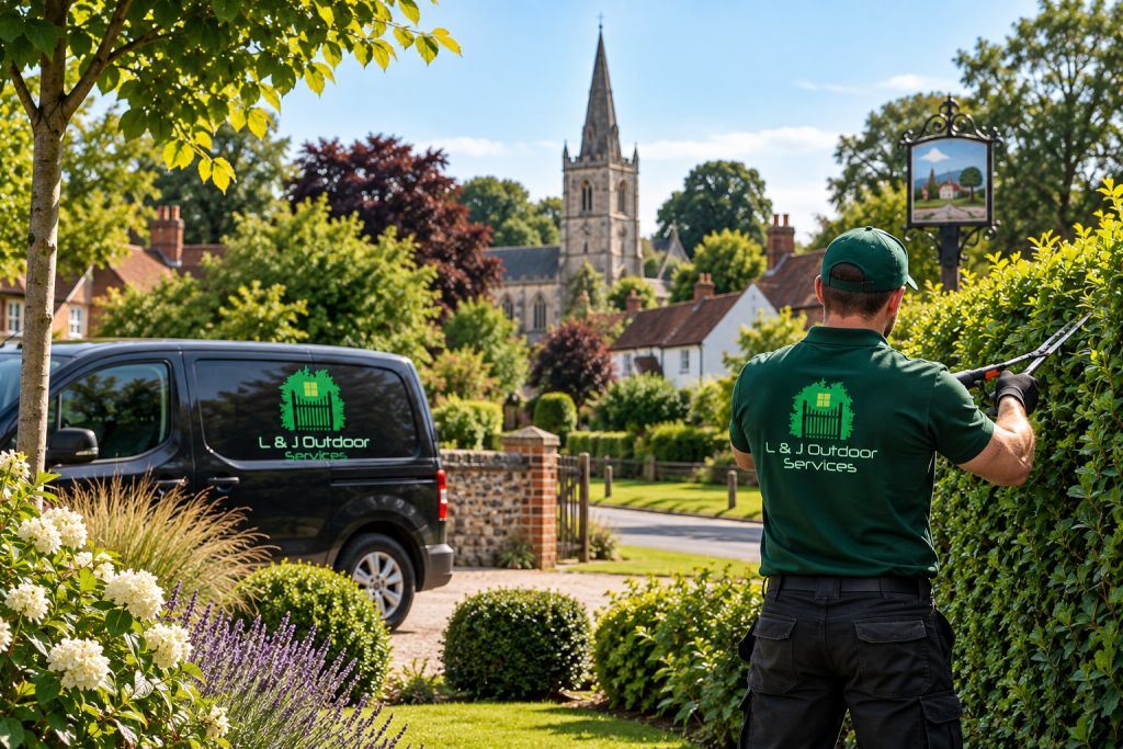 L&J Outdoor Services gardener trimming a hedge in Ongar beside a branded van, with landscaped gardens and village surroundings.