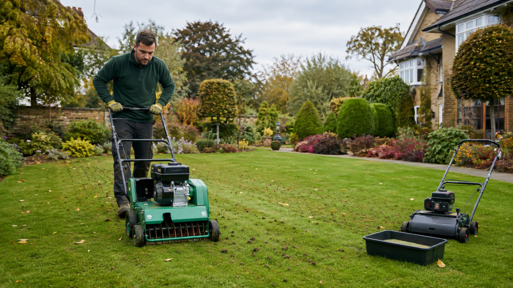 rofessional gardener aerating and overseeding a tired lawn in an Essex garden during September